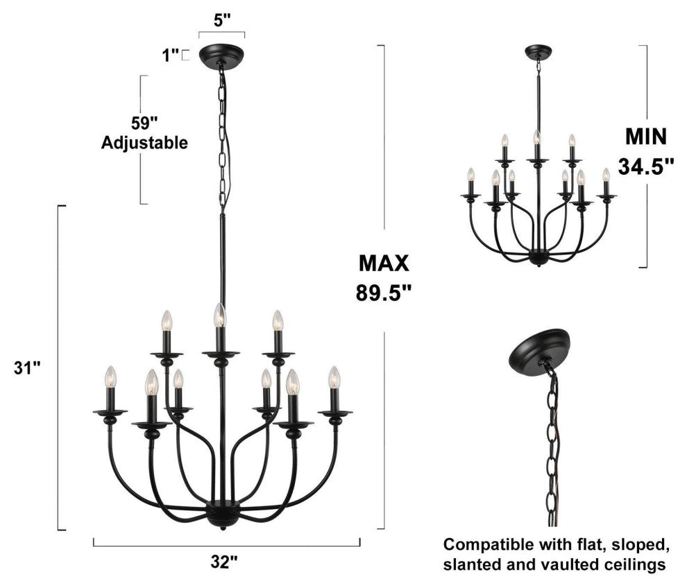 LALUZ 2-Tier Black Modern Farmhouse Candle-Style Chandeliers, 9-Light