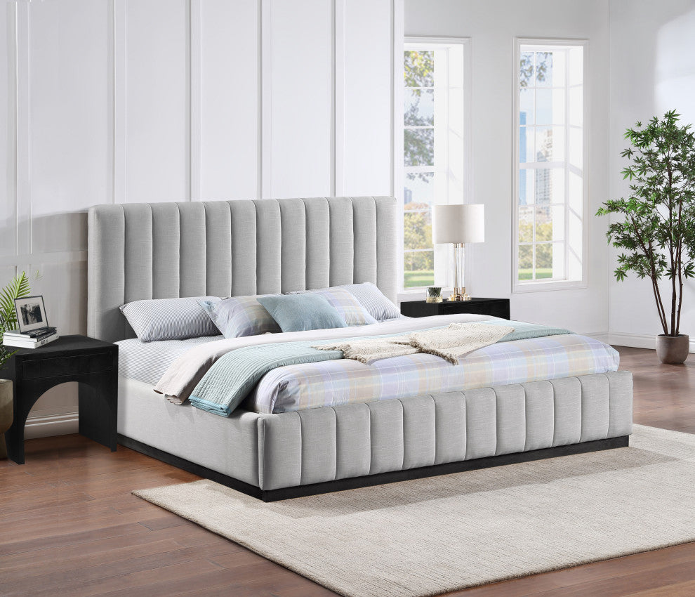 Lucia Beige Linen Textured Fabric Full Bed, Gray, King, Black Finish