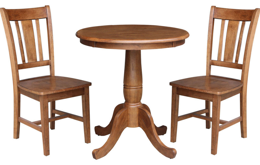30" Round Top Pedestal Table With 2 San Remo Chairs, 3-Piece Set, Distressed Oak