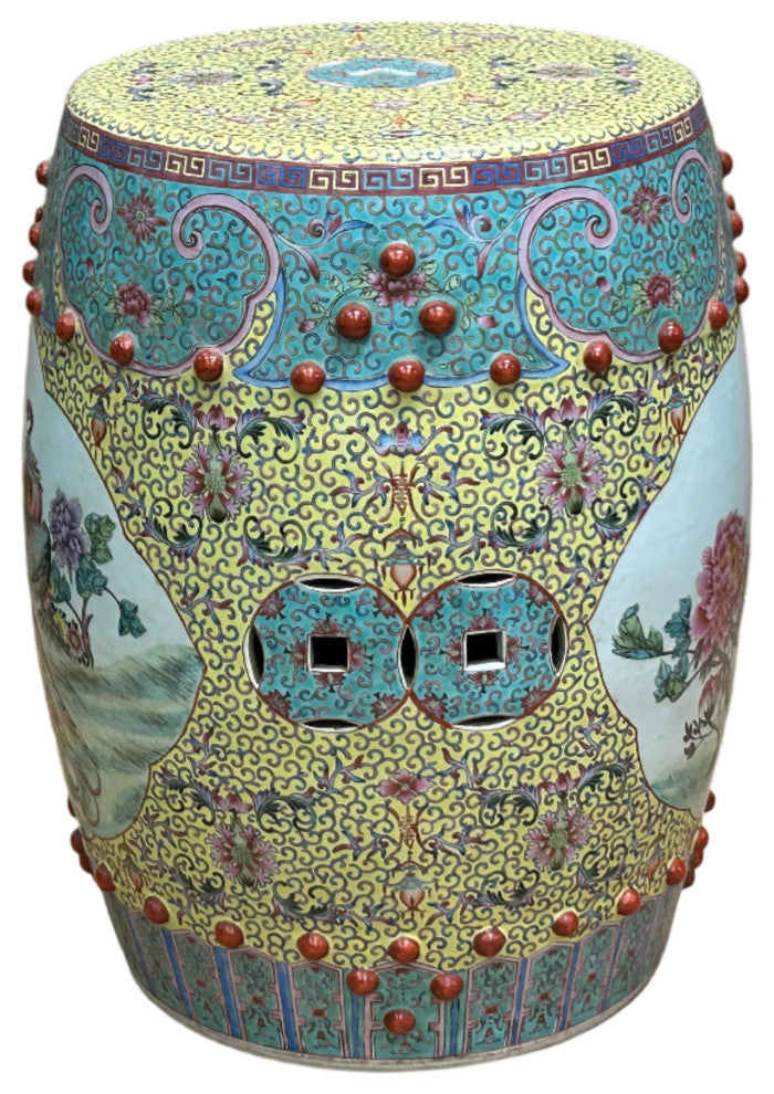 Vintage Famille Rose Yellow Base Peacocks Peony Porcelain Round Stool Hws4350