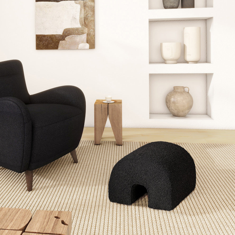 Bridge 16" Arched Upholstered Footstool Ottoman, Ebony Black Boucle