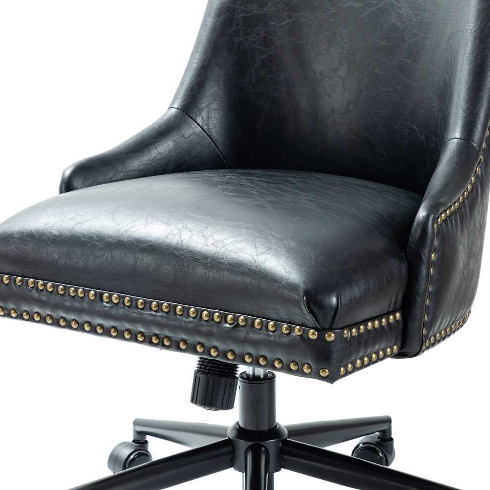 Upholstered Swivel Task Chair With Nailhead Trim, Black