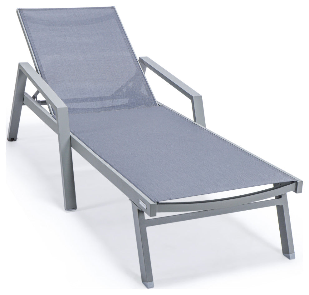 LeisureMod Marlin Chaise Lounge Chair With Arms and Fire Pit Table, Dark Gray