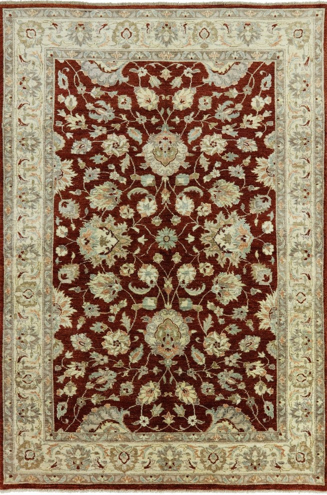 Oushak Peshawar Pakistani Chobi Burgundy Hand-Knotted Wool Rug, 6'x9'