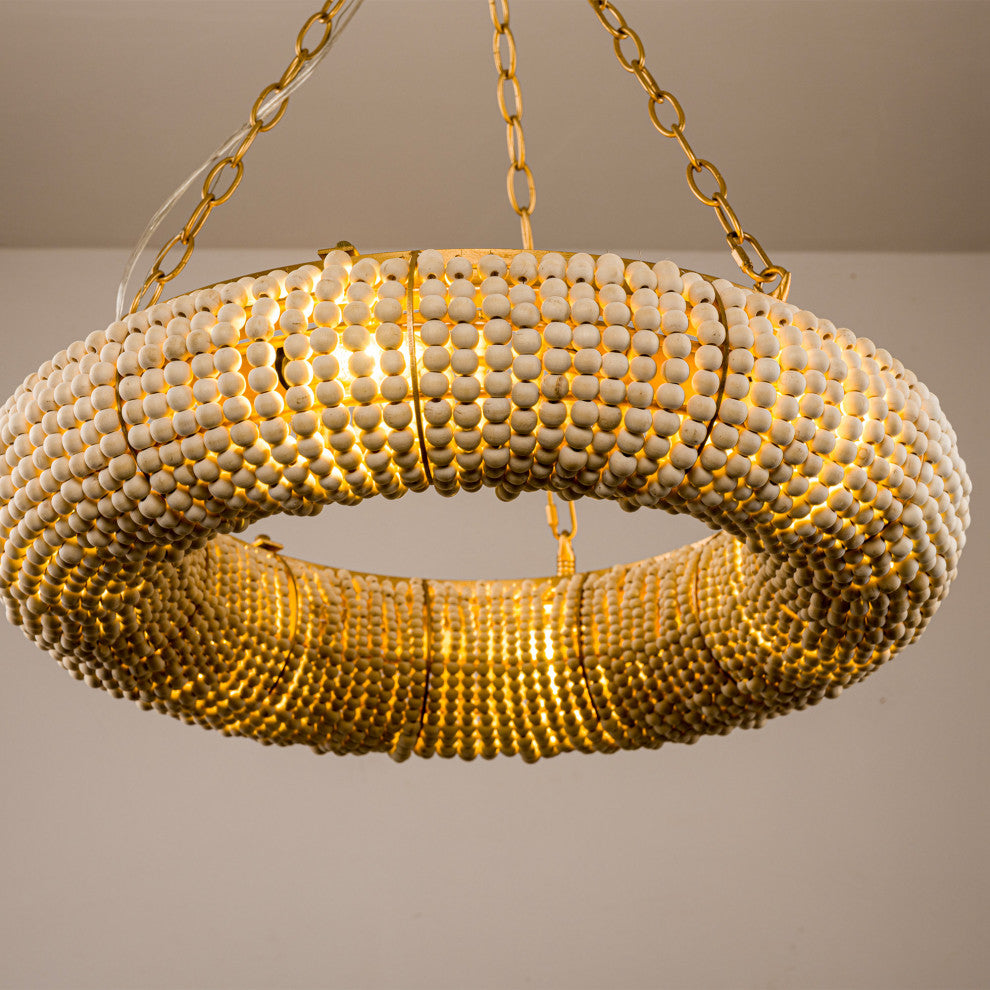 Wood Beads 6-Light Bohemian Chandeliers in Antique Gold