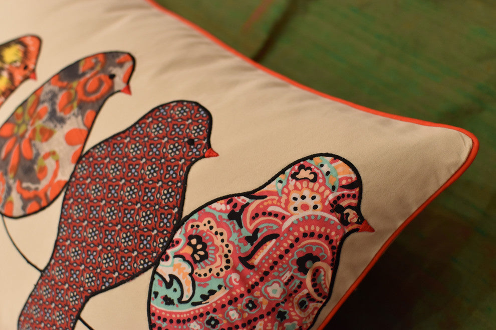 Lumbar Beige Birds On Wire I Decorative Pillow Cover Cotton Applique 18x18"