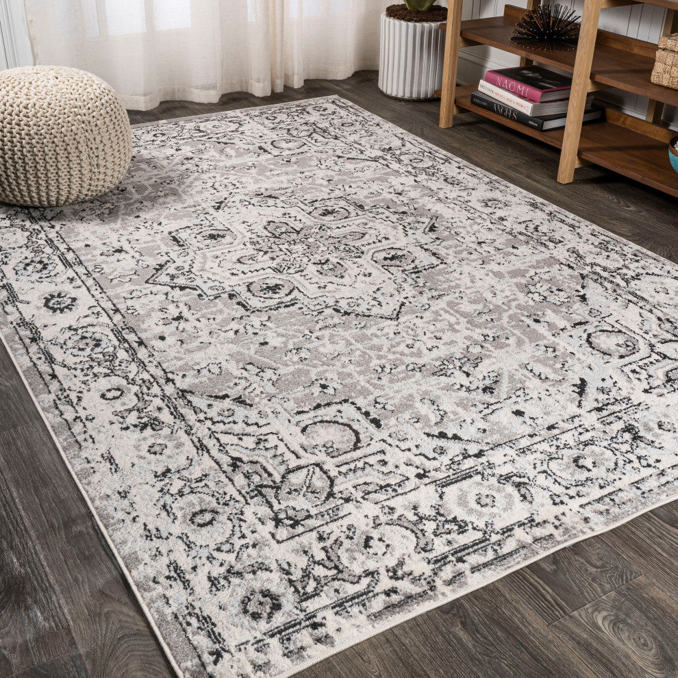 Denia Ornate Geometric Medallion Area Rug, Dark Gray, 4 X 6