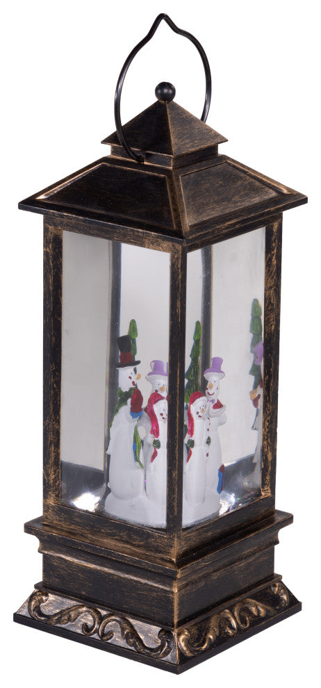 11"H Indoor Lantern Snowman Snow Globe Holiday Decoration with LED Light, Bronze