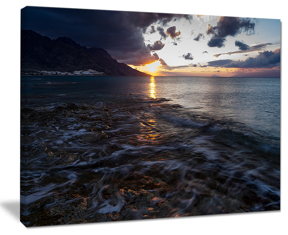 "Gloomy Sea Coast At Sunrise" Modern Seashore Canvas Art, 40"x30"