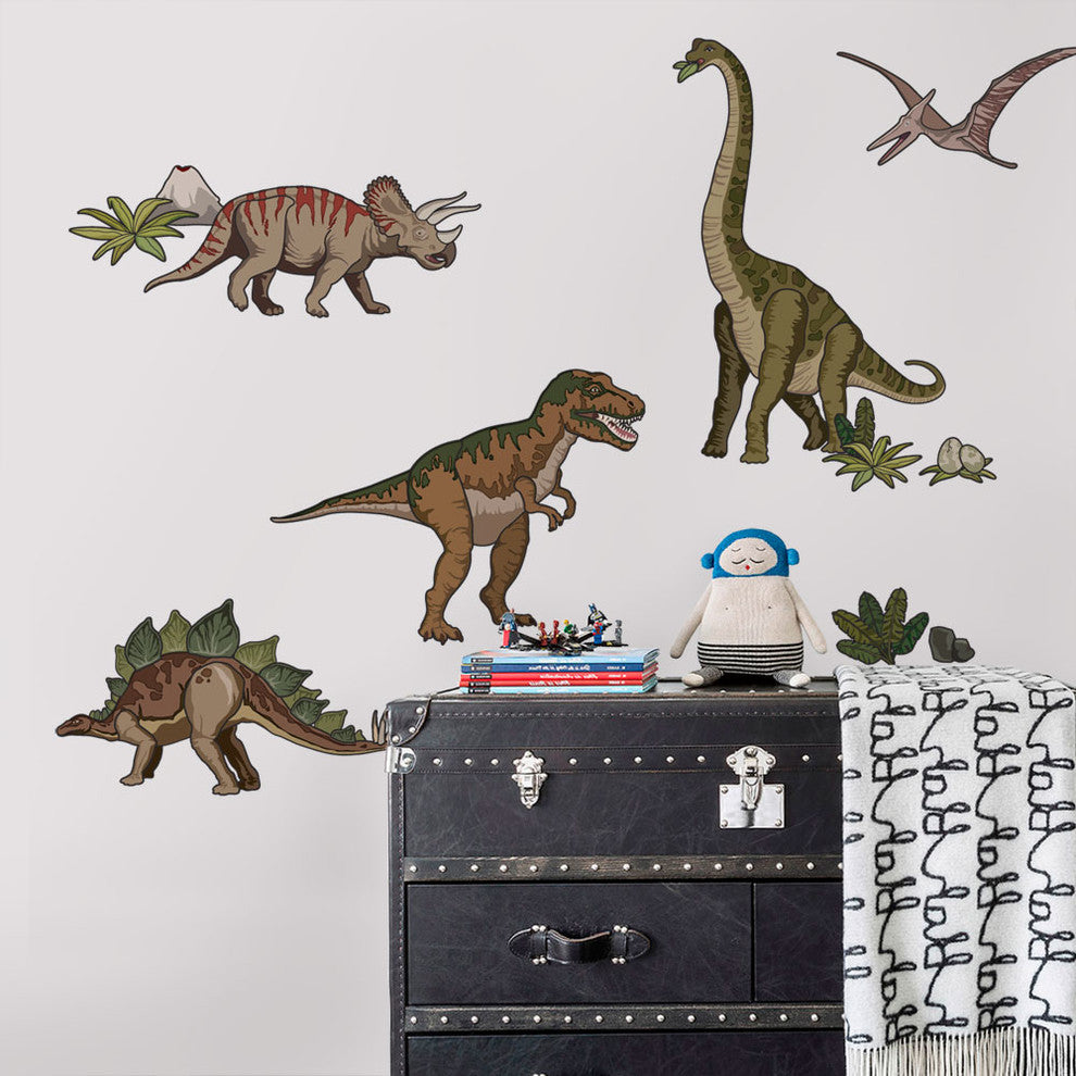 Dinosaur Peel and Stick Reusable Vinyl Wall Stickers, 14-Piece Set, Natural