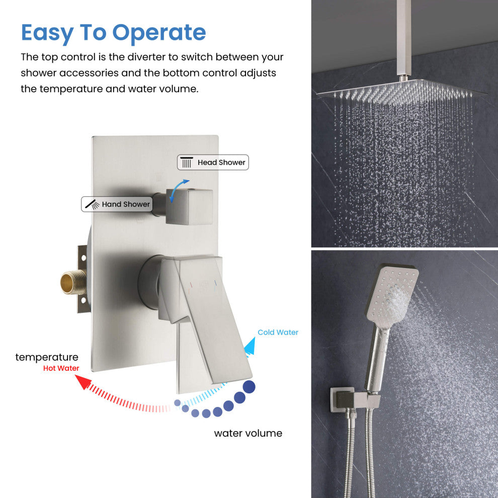 Ceiling Mounted 2-Function Shower System, Rough, Valve, Brushed Nickel