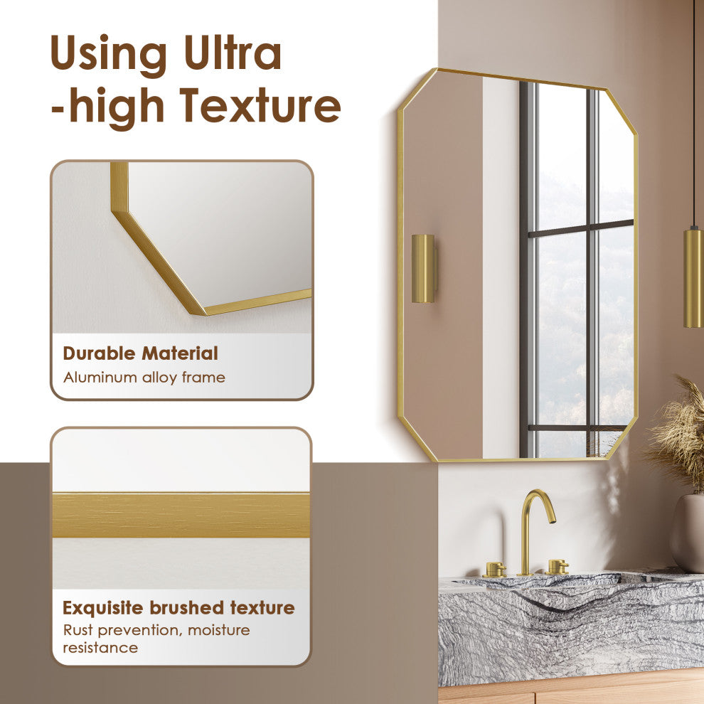 Allure Octagon Framed Bathroom Wall Mirror, Brushed Gold, 36"