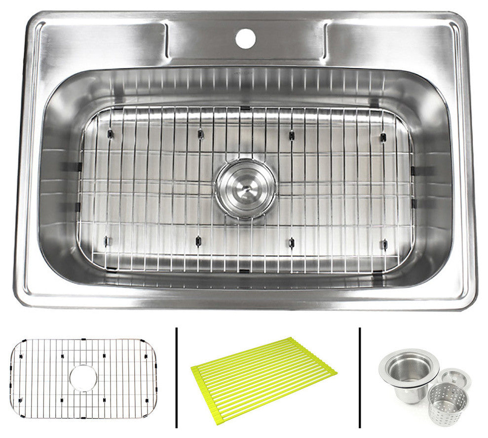 33"x22"x9" Topmount Drop-In Stainless Steel Single Bowl Kitchen Sink Combo