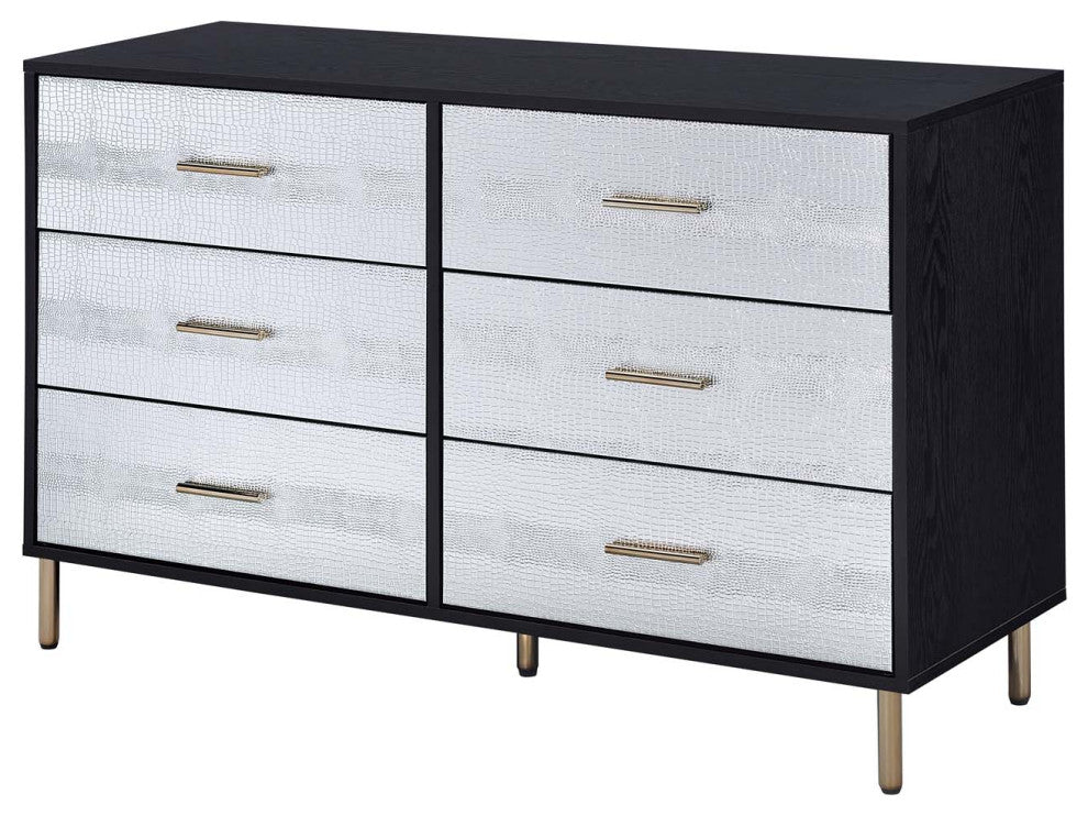 6 Drawers Wooden Dresser, Black, Silver and Gold Finish