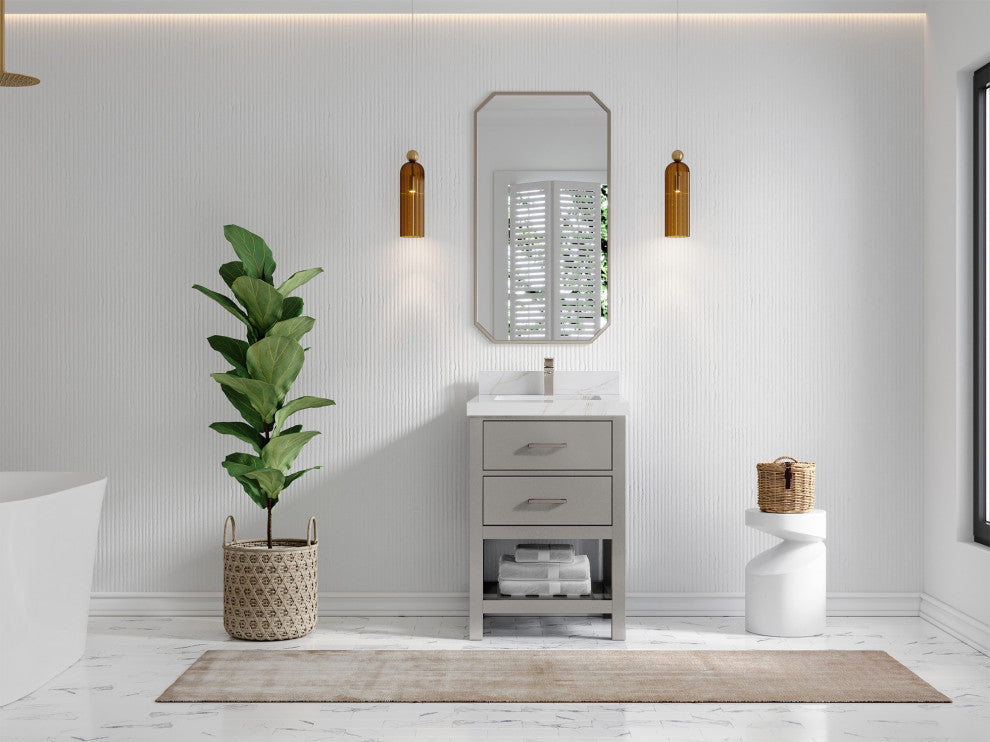 Parker 24" Single Sink Bath Vanity, Elephant Skin Gray 2" Calacatta Sienna