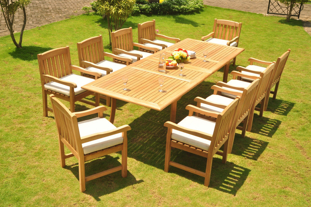 11-Piece Teak Dining Set, 117" Extension Rectangle Table, 10 Devon Arm Chairs