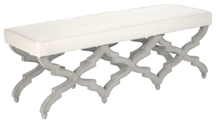 Judith Bench, Distressed Gray, Off-White Linen