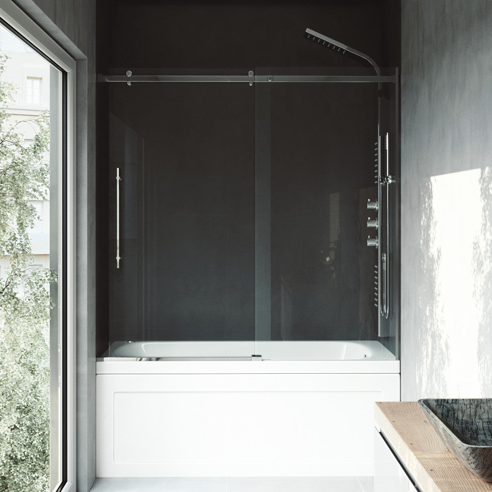 VIGO Luca 56" to 60" W x 58" H Frameless Sliding Tub Door, Chrome, Clear Glass