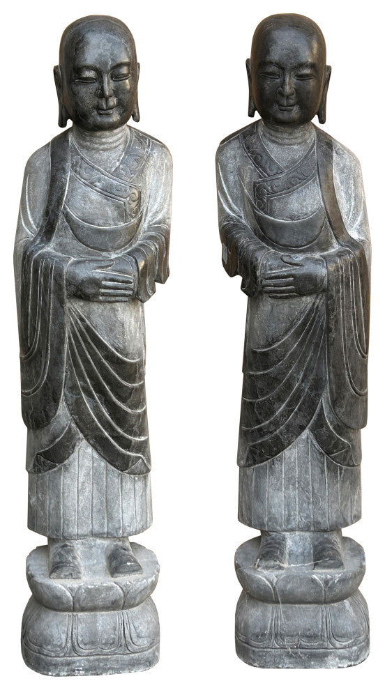 Pair Black Gray Stone Carved Standing Monk Arhat Lohan Statues Hws4335P