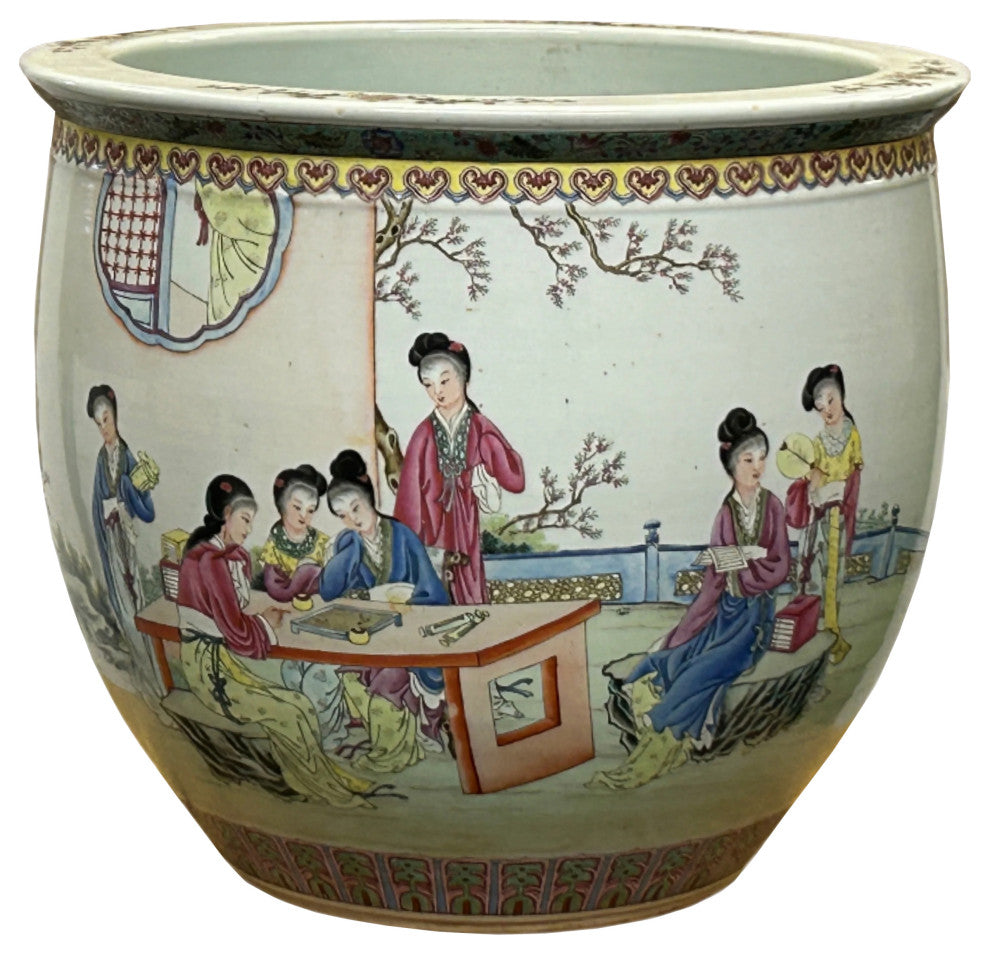 Vintage Chinese Handpainted People Scenery Porcelain Round Pot Vase
