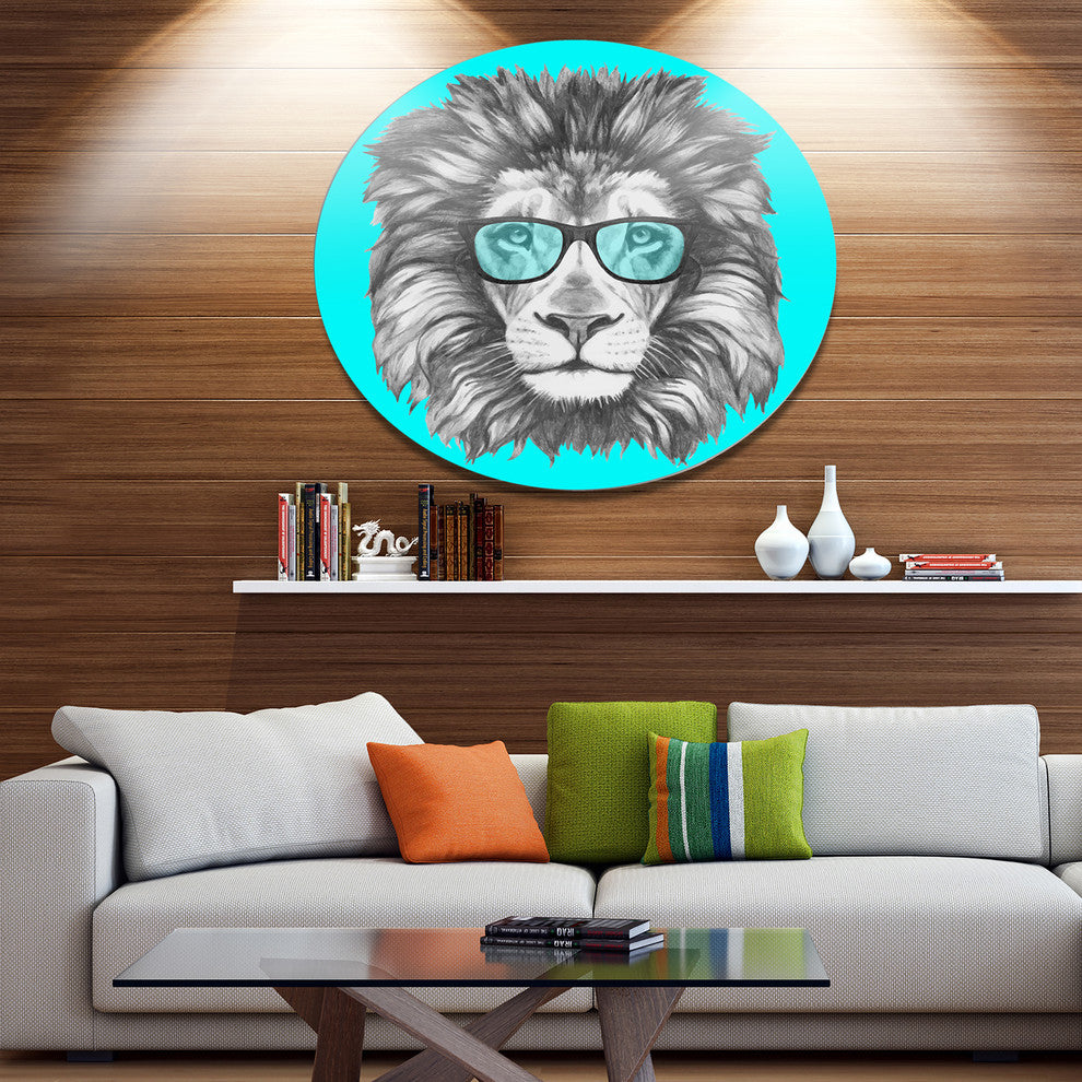 Funny Lion With Blue Glasses, Animal Disc Metal Wall Art, 11"