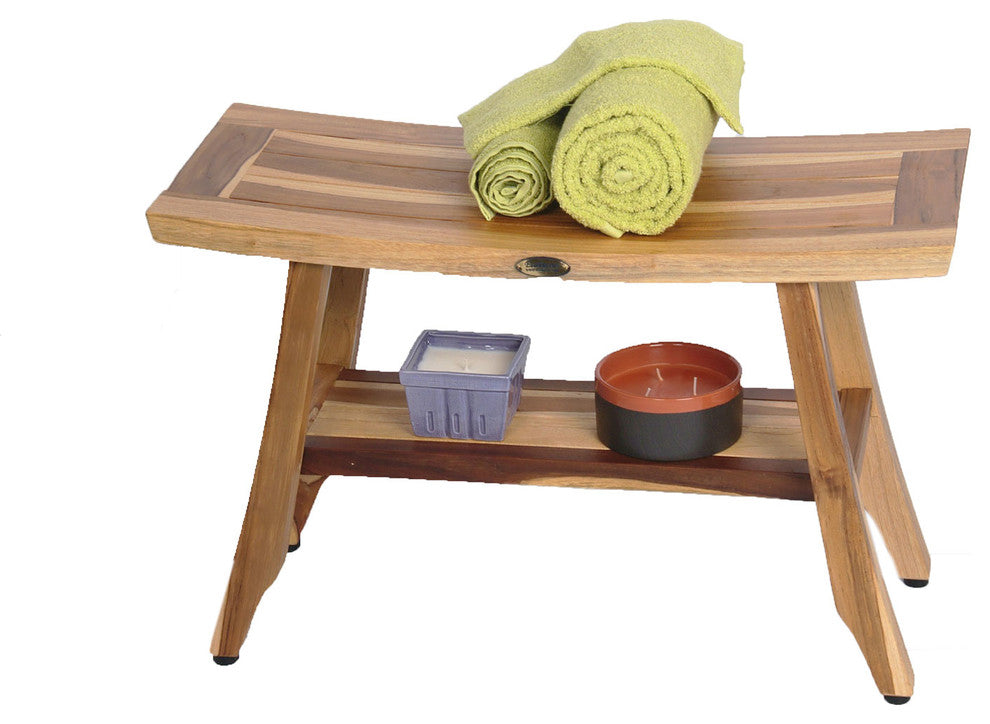 Ecodecors Satori Eastern Style Earthyteak Shower Bench, 28", With Shelf