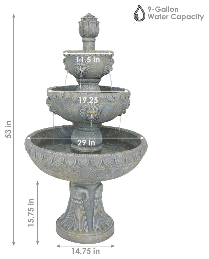 Sunnydaze 4-Tier Lion Head Outdoor Water Fountain Backyard Patio Feature - 53"