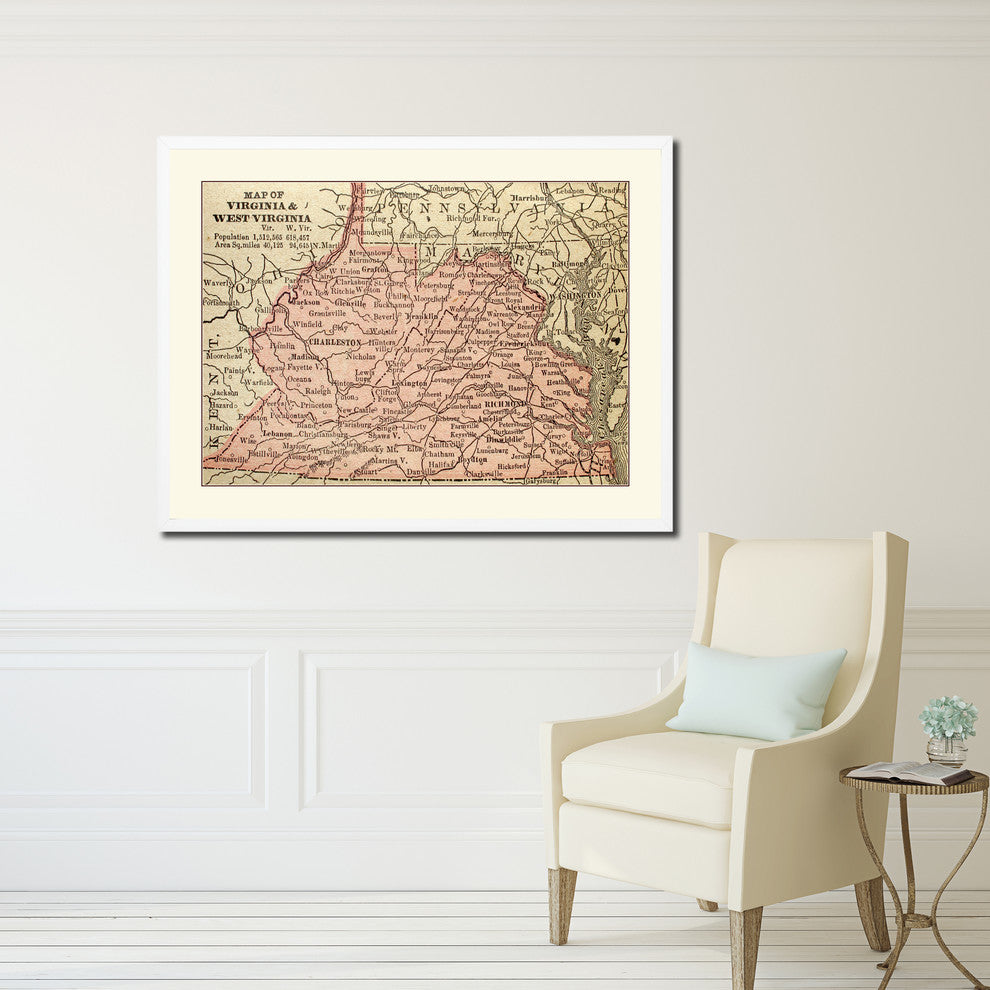 Virginia West Virginia Old Map Print On Canvas With Frame 16" X 21"