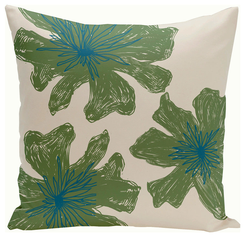 Polyester Pillow, Floral, Off-White, Green, Blue, 20"x20"