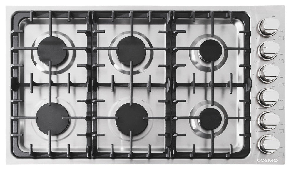 36" Luxury Gas Cooktop in Stainless Steel With 6 Italian Burners Easy Clean