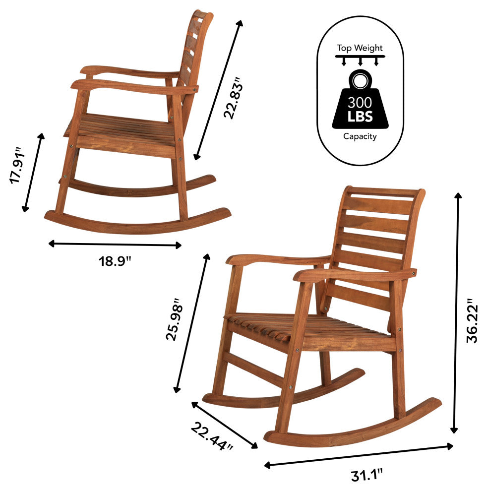 Carey Modern Slat-Back Acacia Wood Patio Outdoor Rocking Chair, Teak