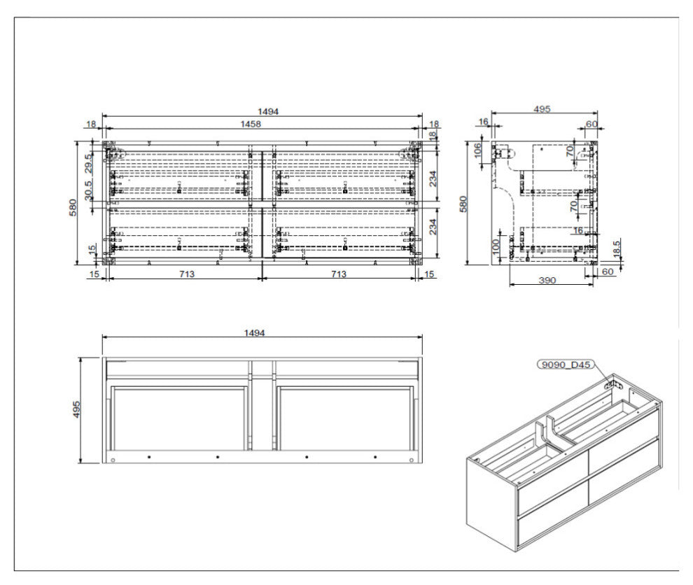 MOM 60" Wall Mounted Vanity With 4 Drawers and Acrylic Single Sink, Teak Oak