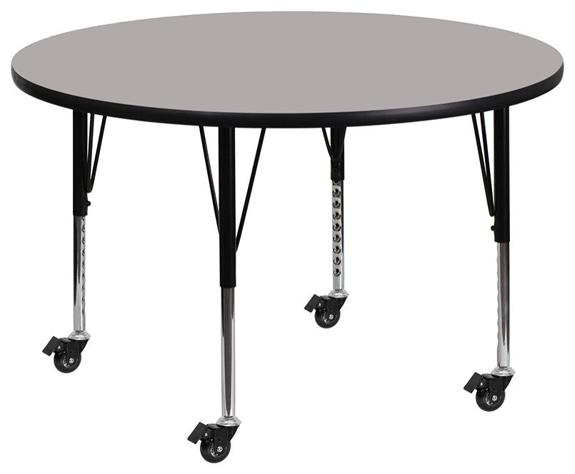 Mobile 48'' Round Grey HP Laminate Activity Table - Height Adjustable Short Legs