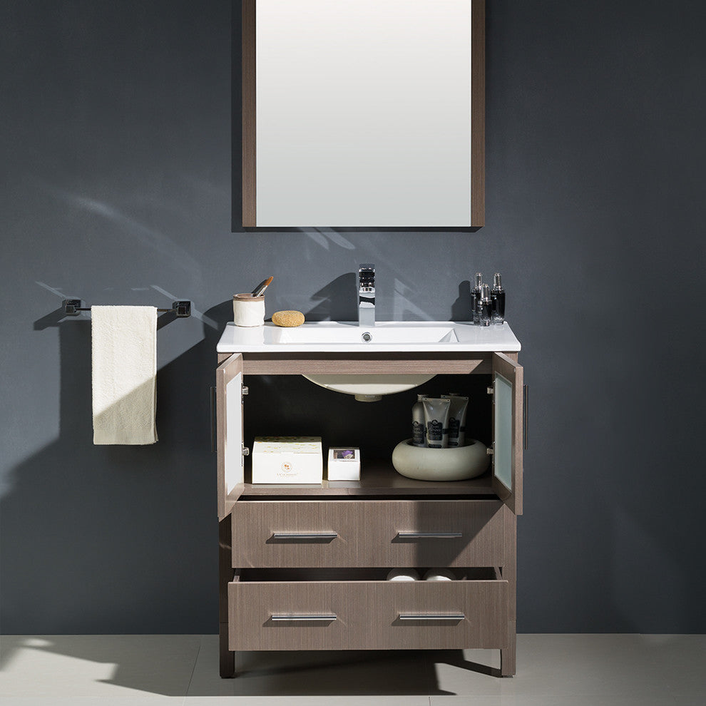 Torino 30" Gray Oak Modern Bathroom Vanity With Integrated Sink, FFT3071CH