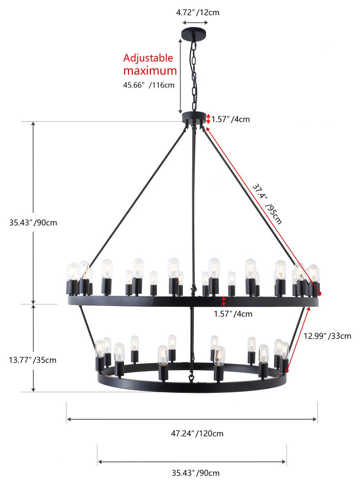 36-Light Pendant Light Modern Wagon Wheel Ceiling Light Chandelier, Black