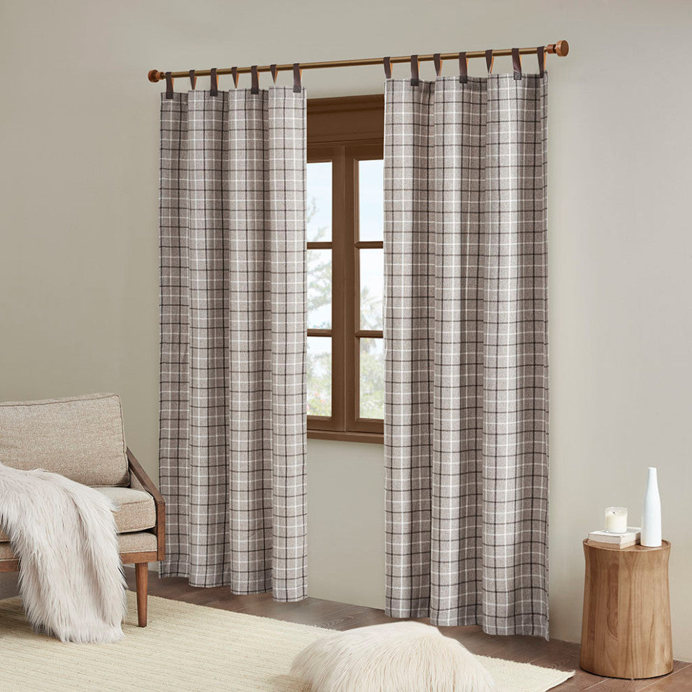 Madison Park Anaheim Plaid Window Panel with Fleece Lining, Beige, Brown, 50x84", Leather Tap Window Panel