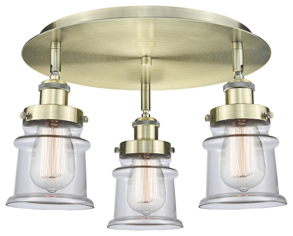 Canton-3 Light 17" Flush Mount-Antique Brass, Clear Glass Shade