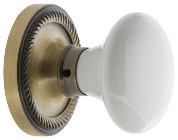 Rope Rosette Passage White Porcelain Knob, Antique Brass