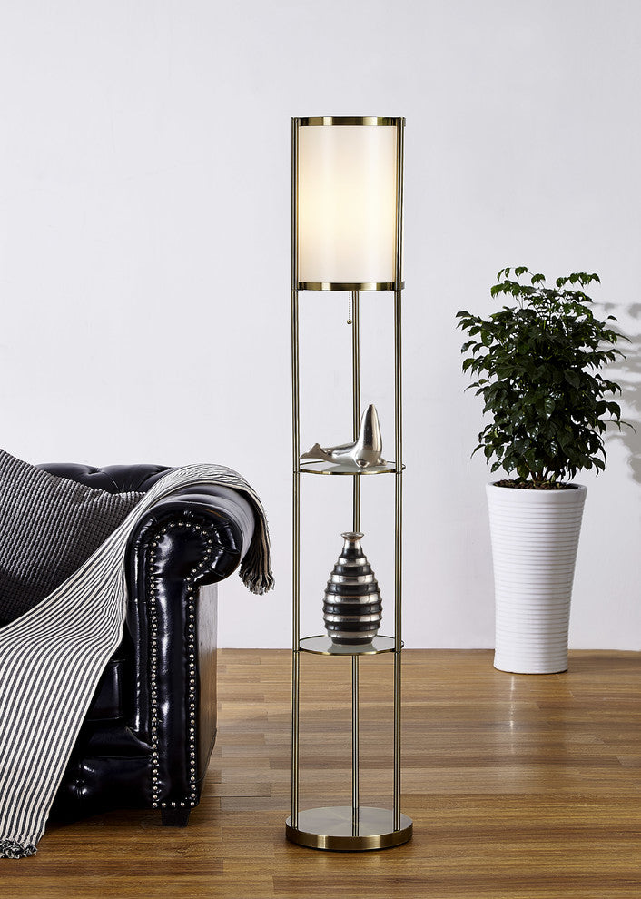 Exeter 63" Floor Lamp With Durable Glass Shelf and Silk Shade, Antique Brass
