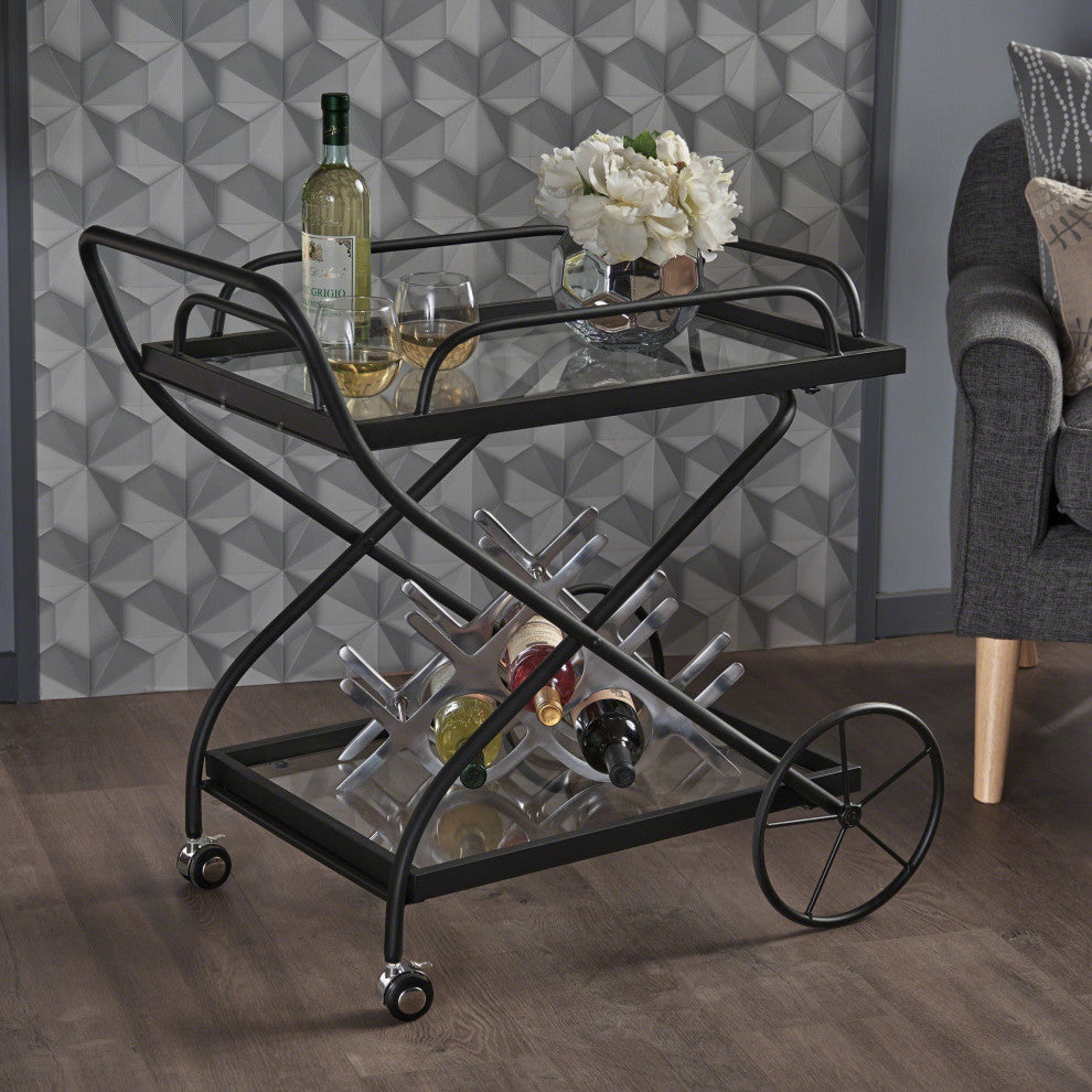GDF Studio Presley Indoor Black Iron Bar Cart With Tempered Glass Shelves