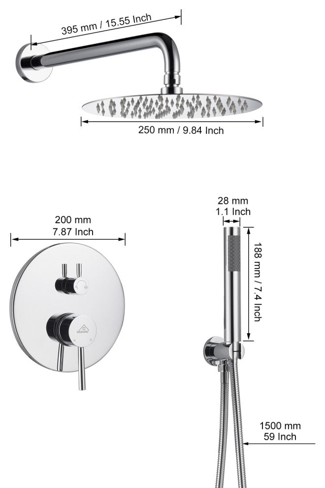 CASAINC 10" Round Wall Mounted Luxury Rain Shower System with Handheld Spray, Chrome