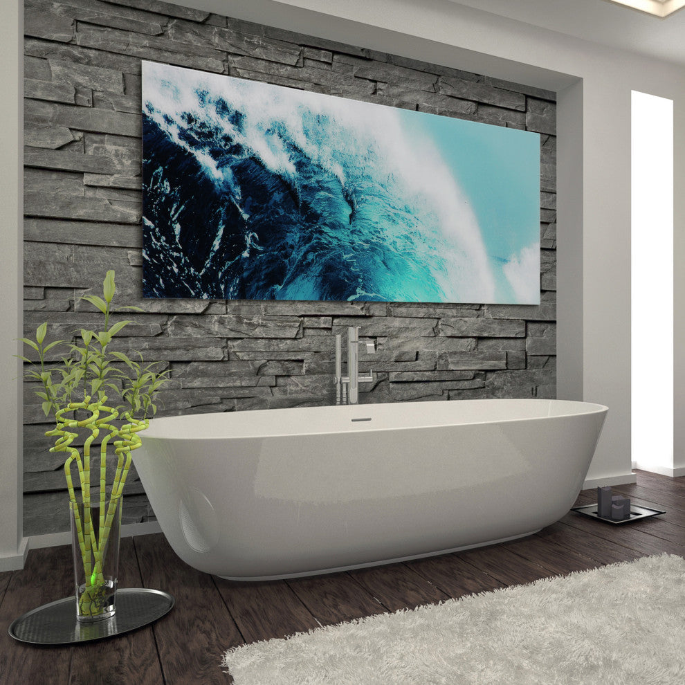 "Blue Wave 1" Wall Art Frameless Free Floating Tempered Glass Print 24" x 63"