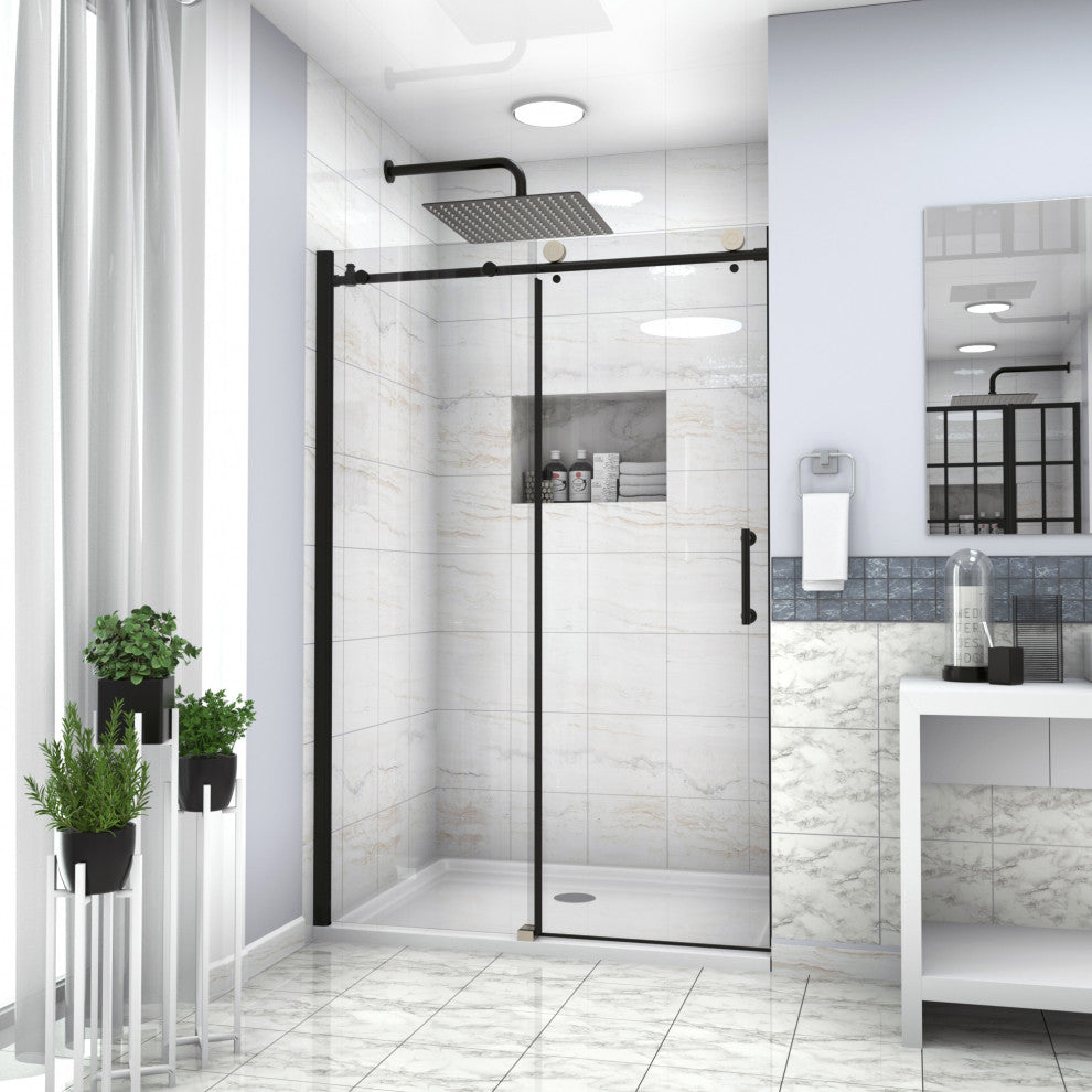 48" W x 76" H Frameless Single Sliding Shower Door, Matte Black