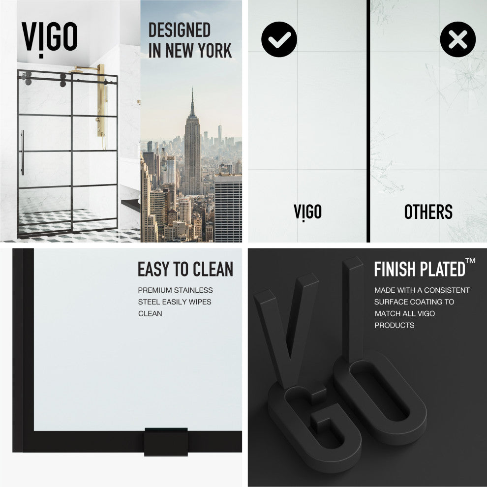 VIGO Elan 56" to 60" W x 74" H Frameless Sliding Shower Door in Matte Black