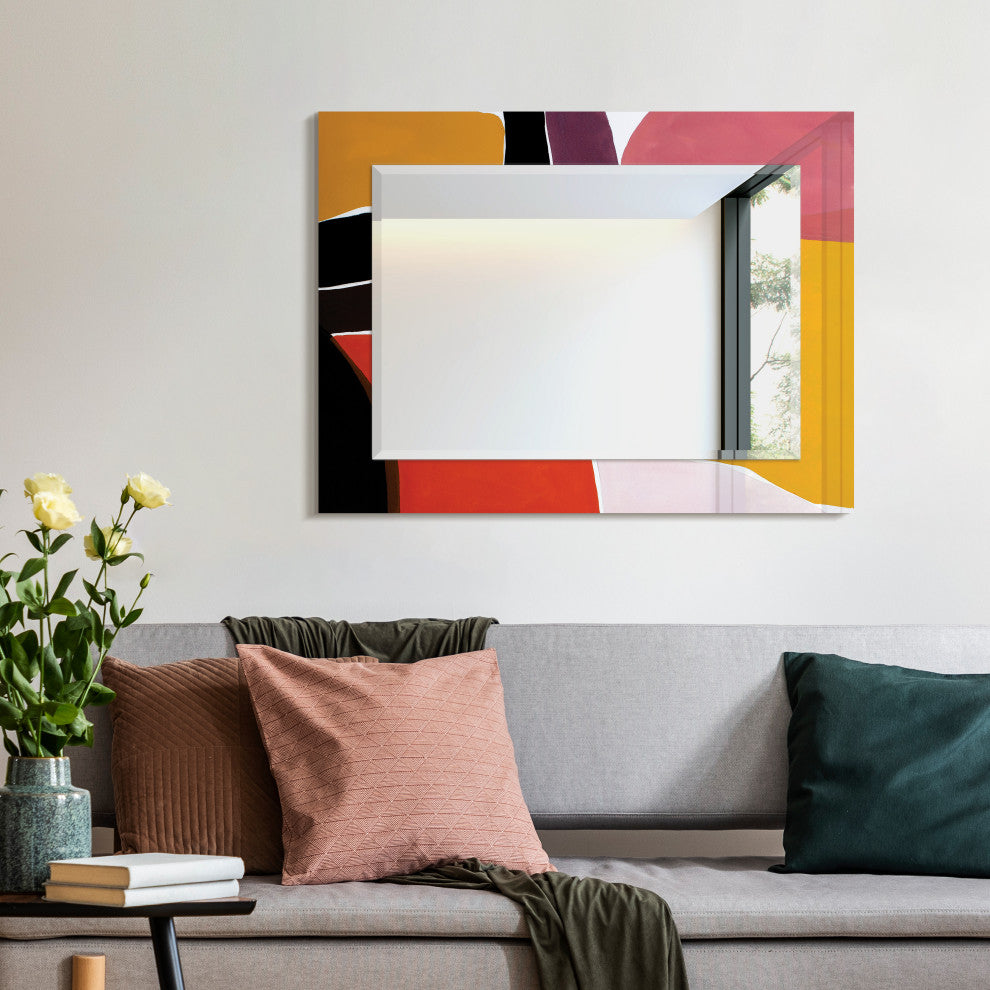 "Finale" Beveled Mirror on Printed Abstarct Tempered Art Glass, 40x30"
