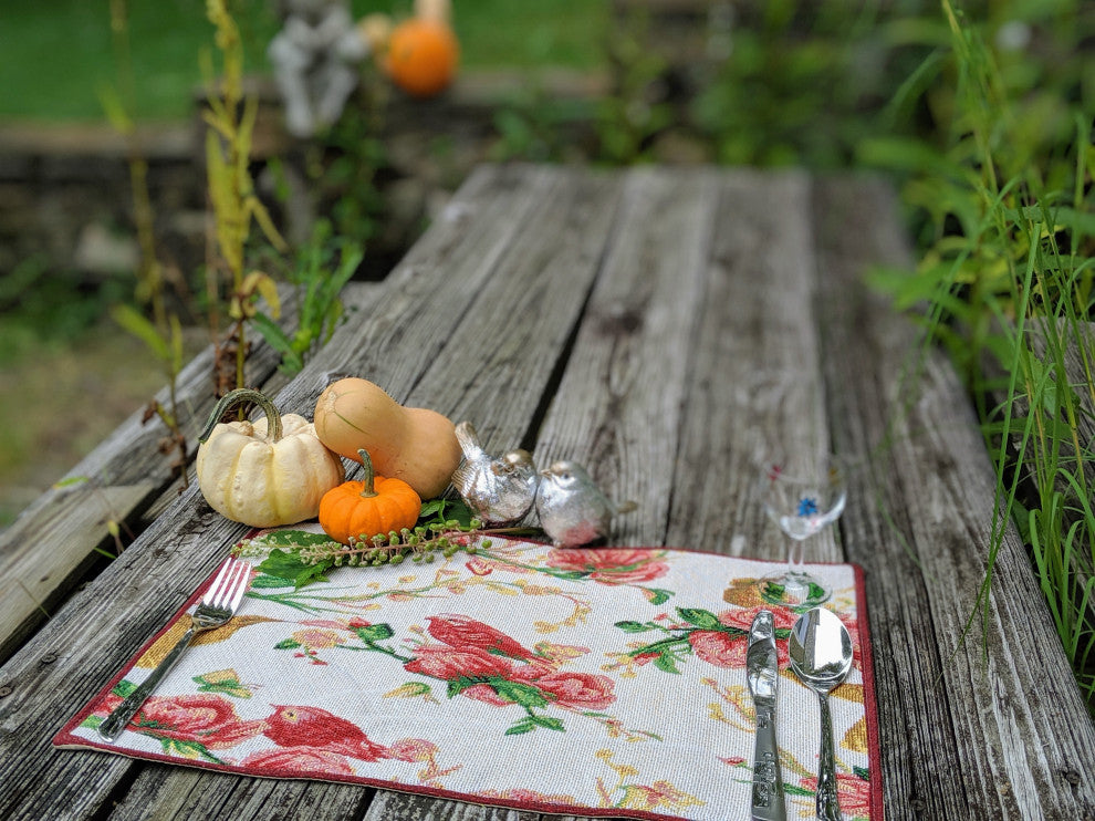 Seasonal Floral Woven Fabric Tapestry Kitchen Table Mats Cloth Placemats, White Floral