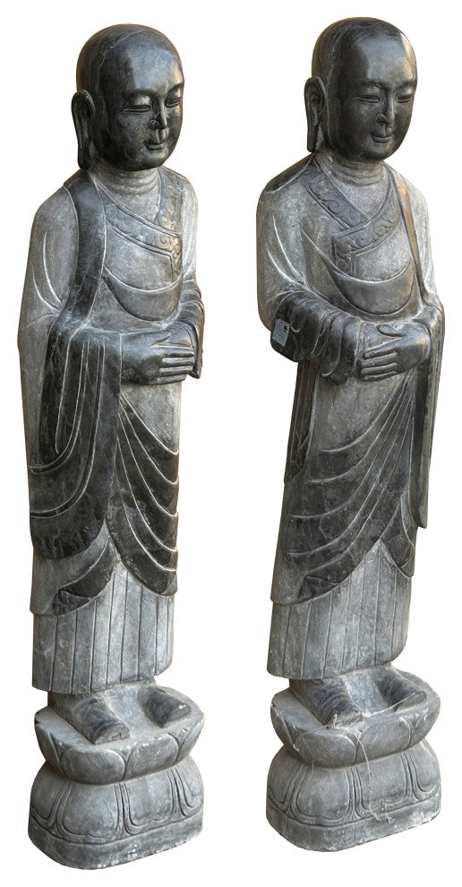 Pair Black Gray Stone Carved Standing Monk Arhat Lohan Statues Hws4335P