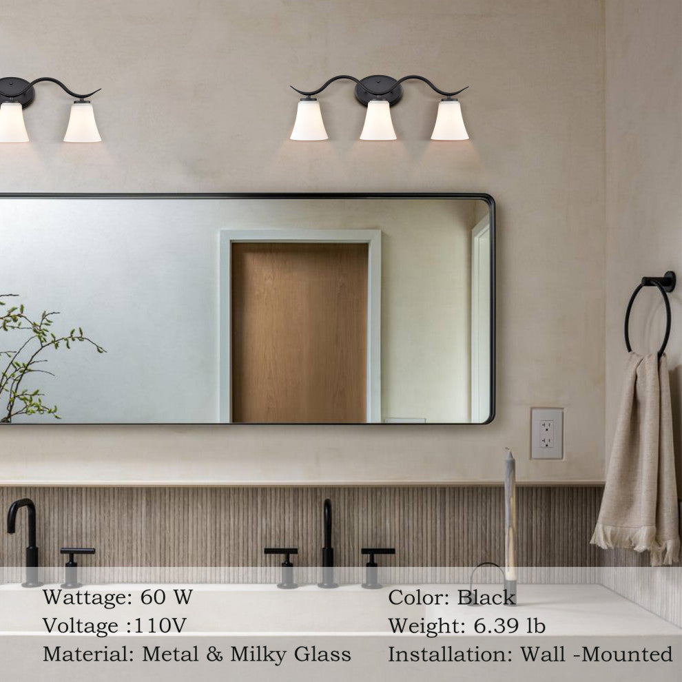 Black Bath Vanity Light With Milk Glass 3-Light