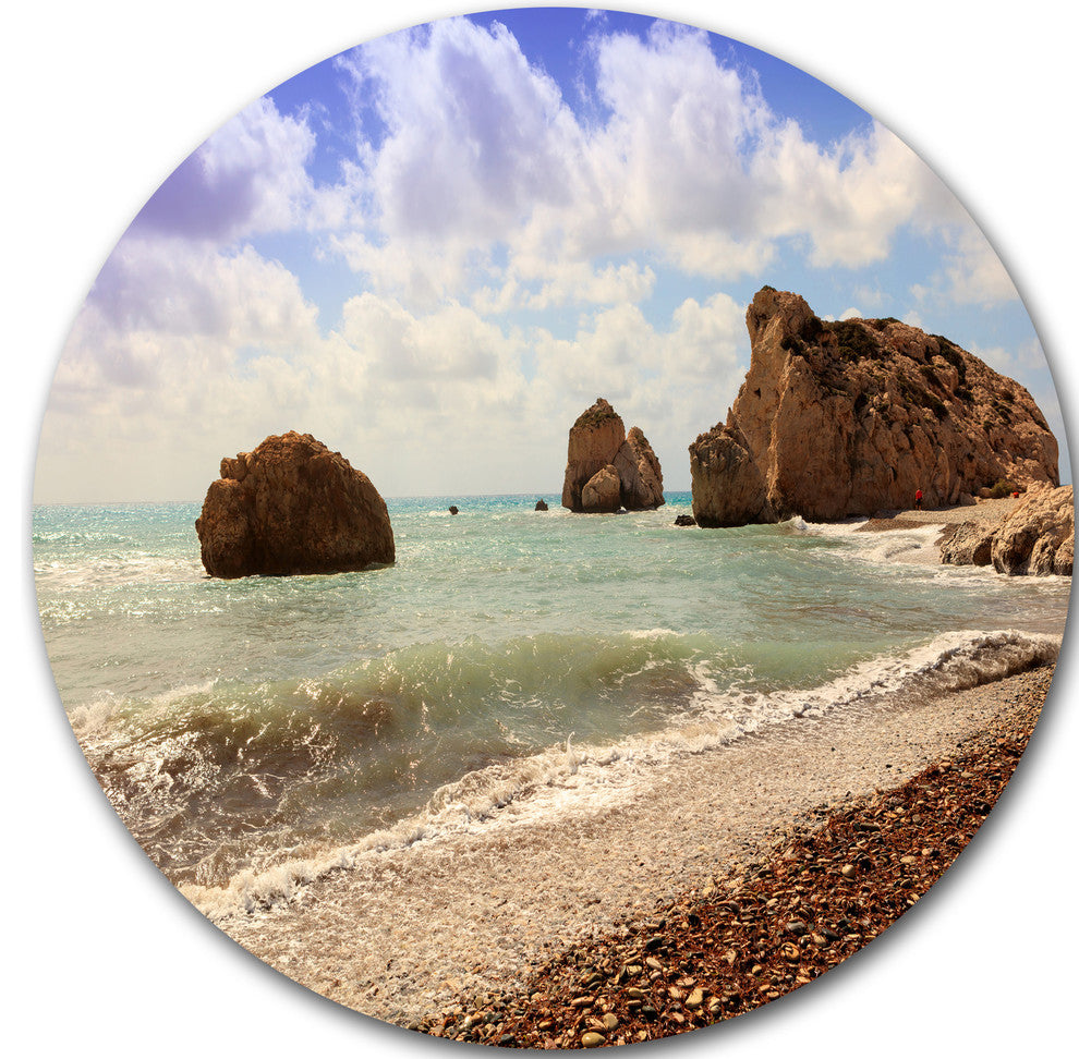 Amazing Aphrodite'S Rock In Cyprus, Seascape Disc Metal Wall Art, 23"