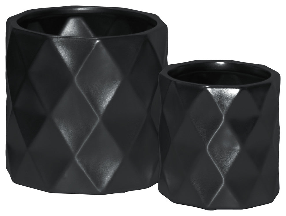 Cylindrical Pots, Wide Mouth and Embossed Diamond Design Body 2-Piece Set, Black